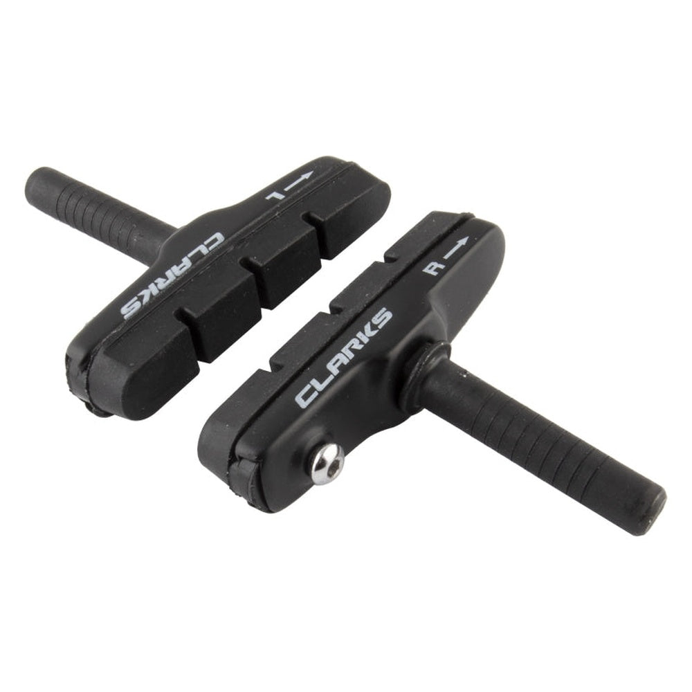 Black Clarks MTB brake shoes with adjustable cartridge design on white background