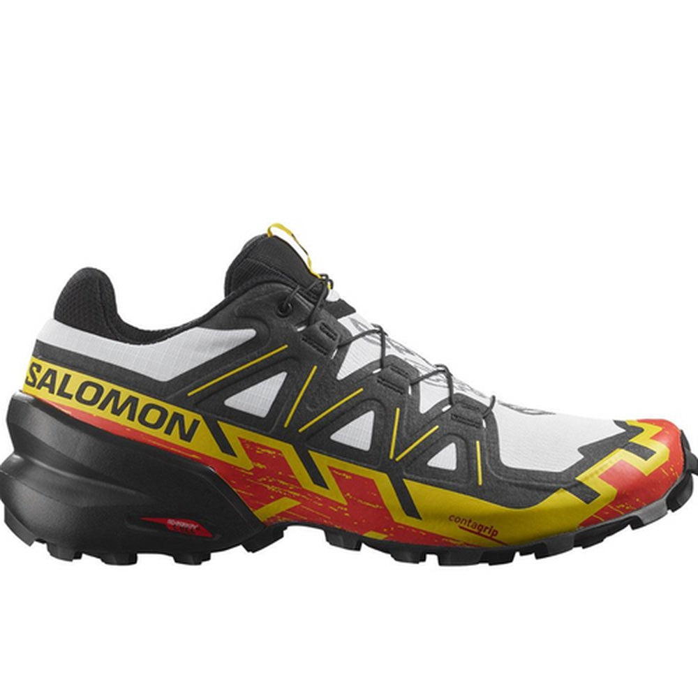 Salomon Speedcross trail running shoe in white, black and yellow colorway