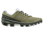 On Cloudventure men's running shoe in olive green with distinctive cloud sole technology