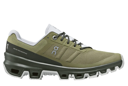 On Cloudventure men's running shoe in olive green with distinctive cloud sole technology