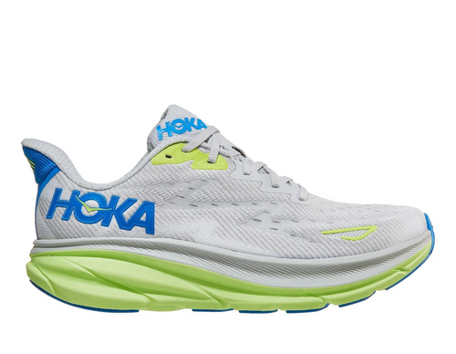 HOKA Clifton 9 men's running shoes in Stardust Electric Cobalt colorway with lime midsole