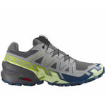 Salomon Speedcross 6 men's trail running shoe in gray with lime green and navy accents
