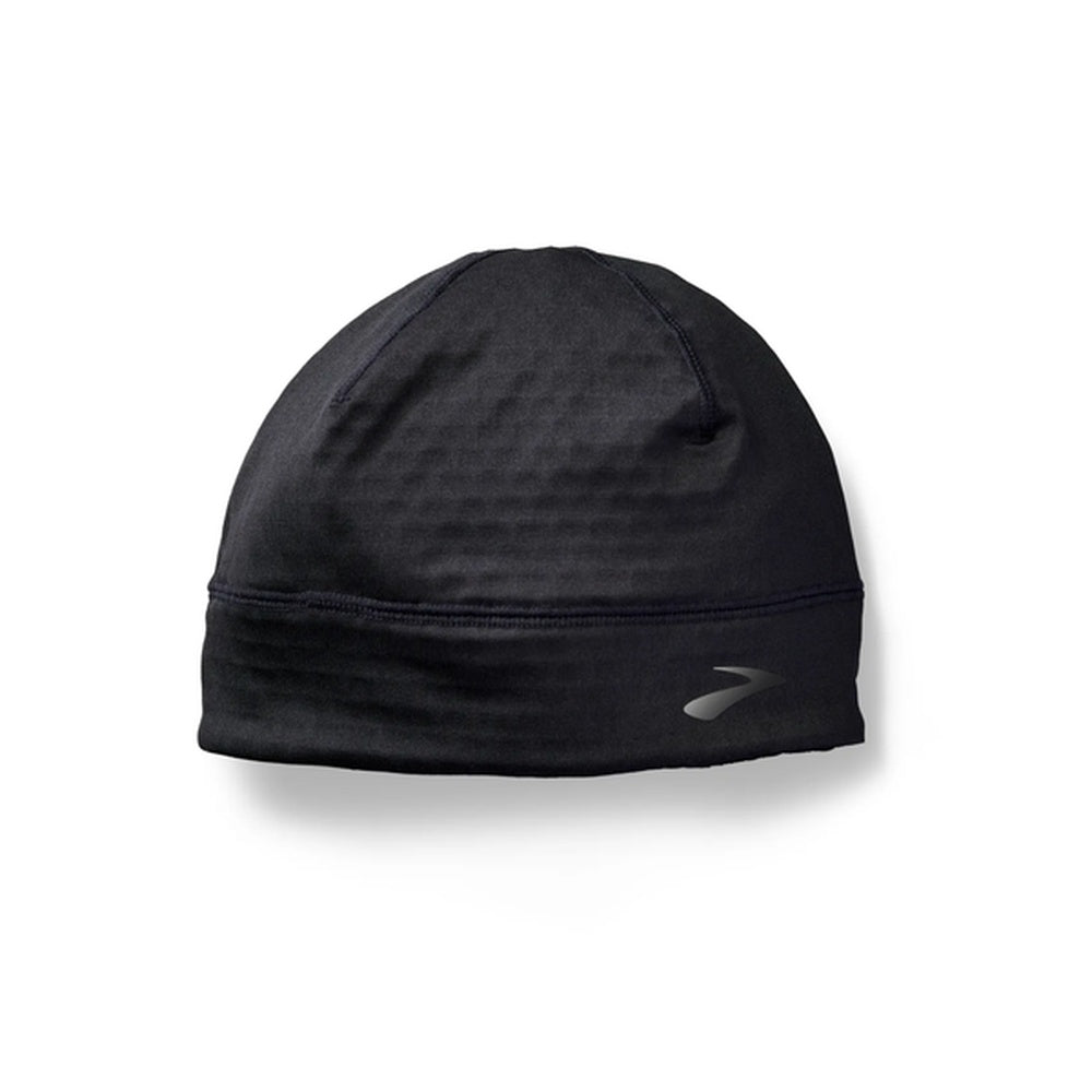 Brooks running beanie in solid black with reflective logo detail on white background