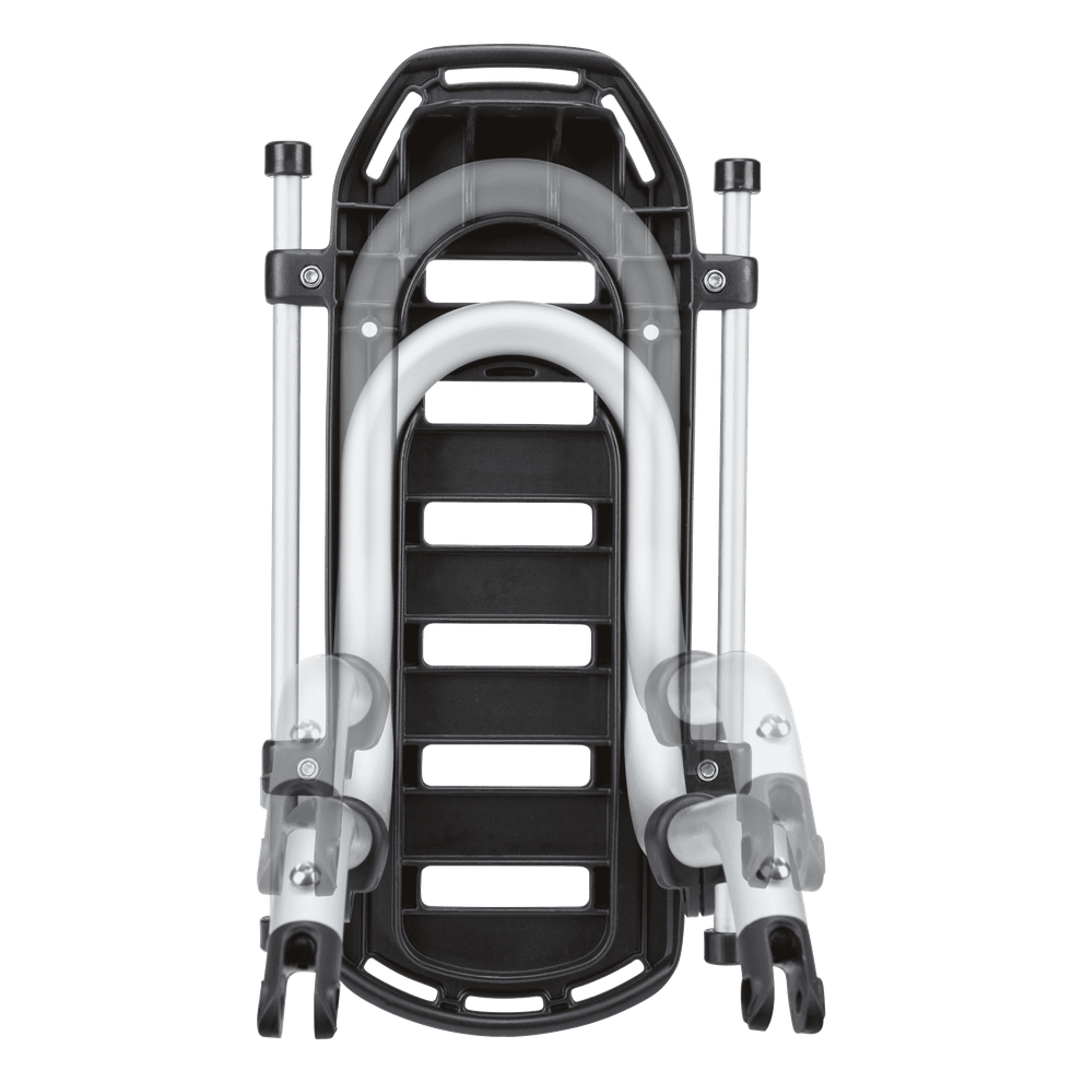 Thule Pack N Tour Rack in black with silver aluminum frame on white background