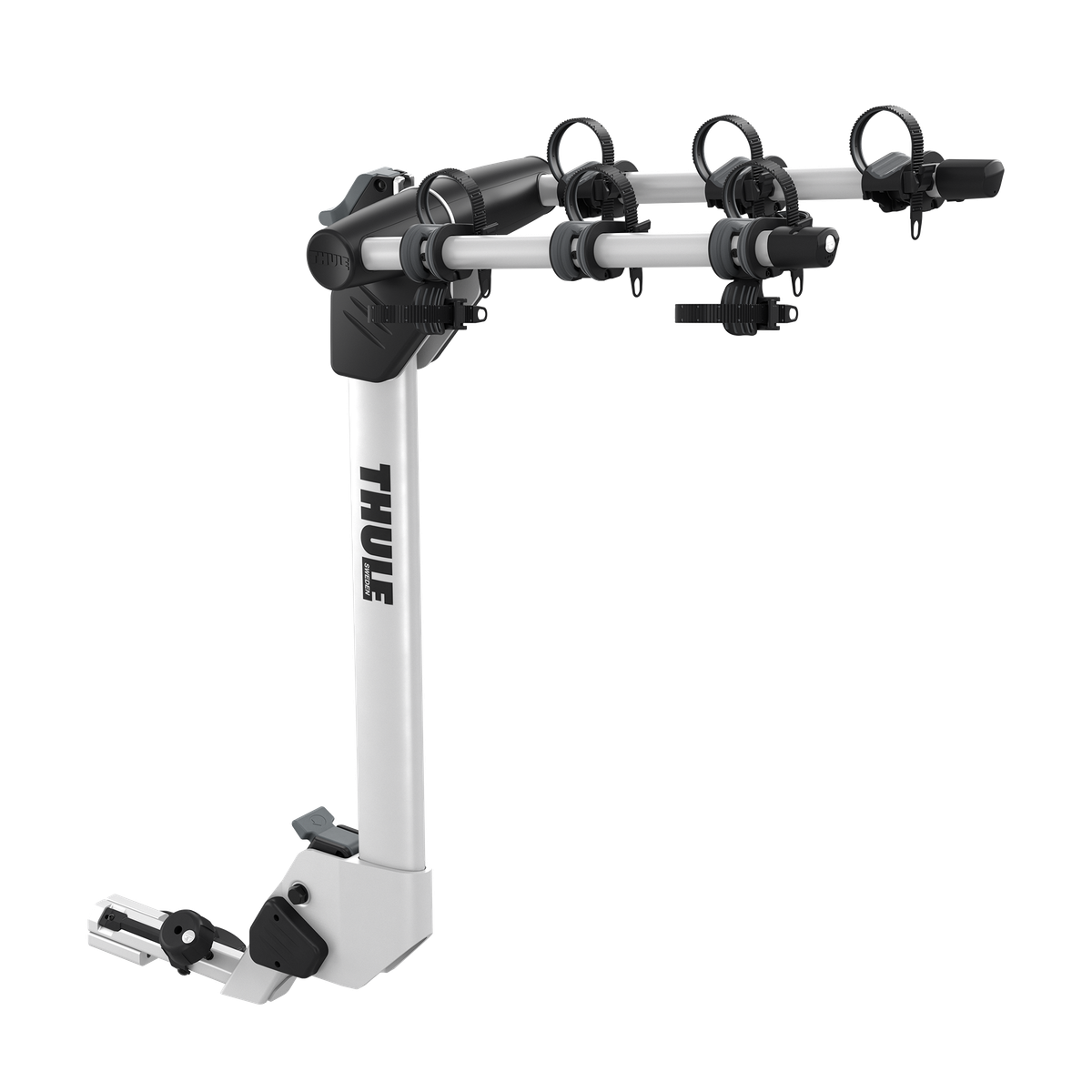 Thule Helium Pro 3-bike hitch rack in silver aluminum with black cradles and straps