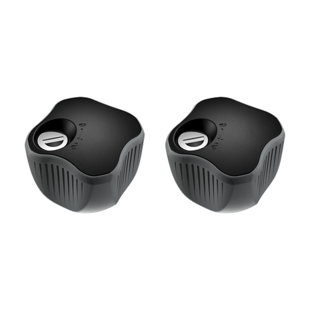 Two black Thule locking knobs with ribbed grips on clean white background