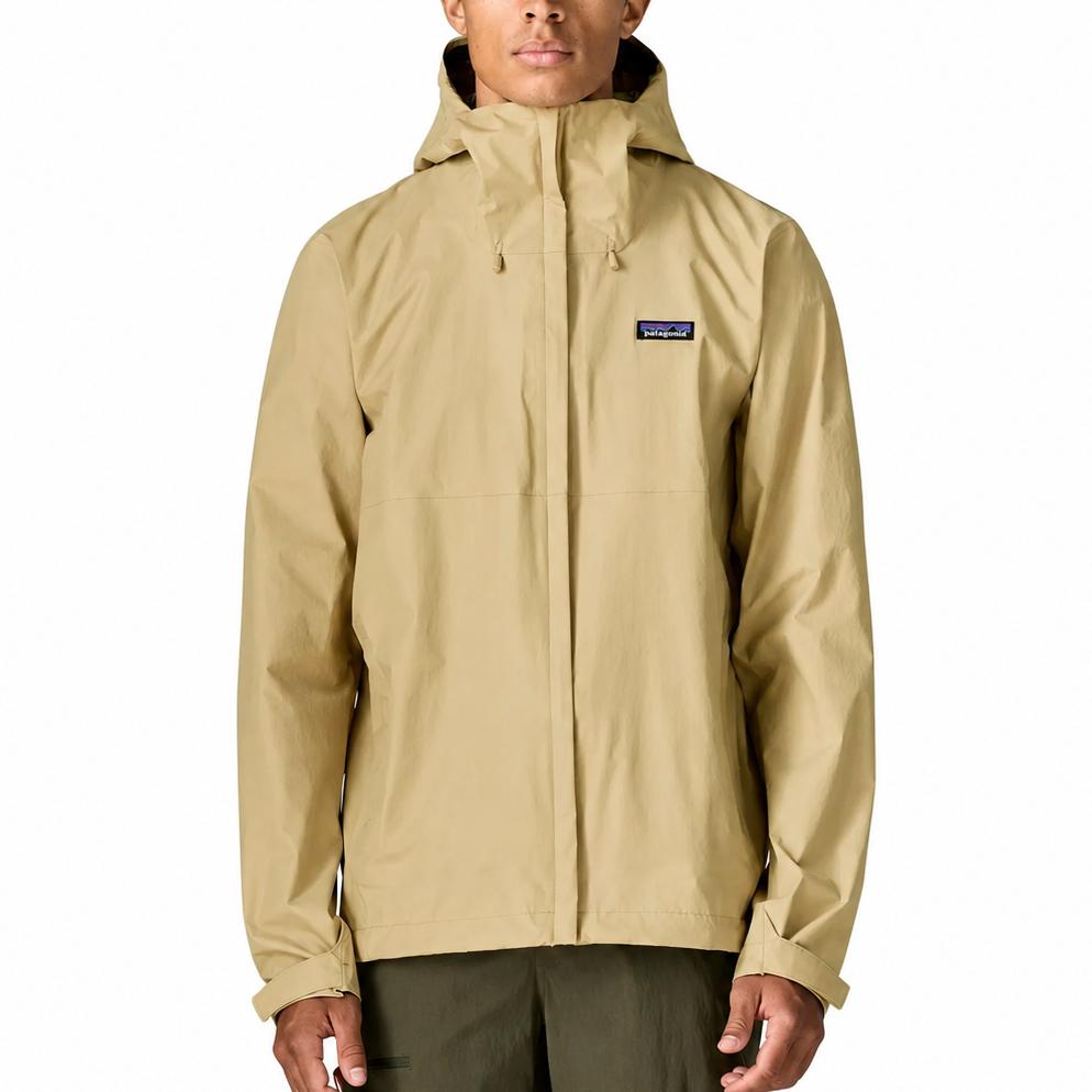 Patagonia Men's Torrentshell 3L Jacket in Weathered Stone worn by male model, front view