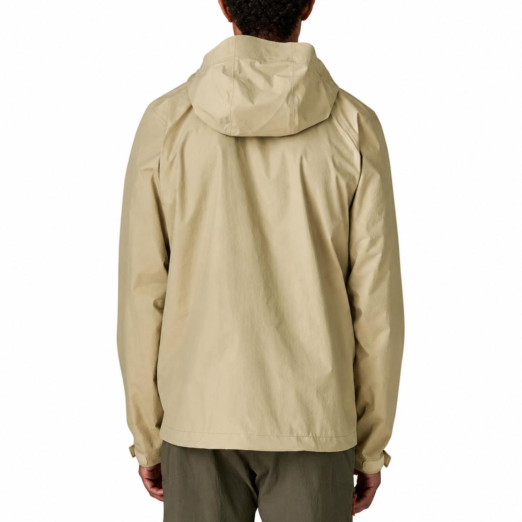 Patagonia Men's Torrentshell 3L Jacket in Weathered Stone worn by male model, rear view