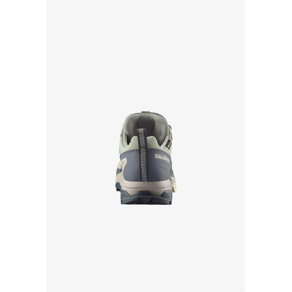 Salomon X ULTRA 5 GTX women's hiking shoe, rear view, grey and green colorway