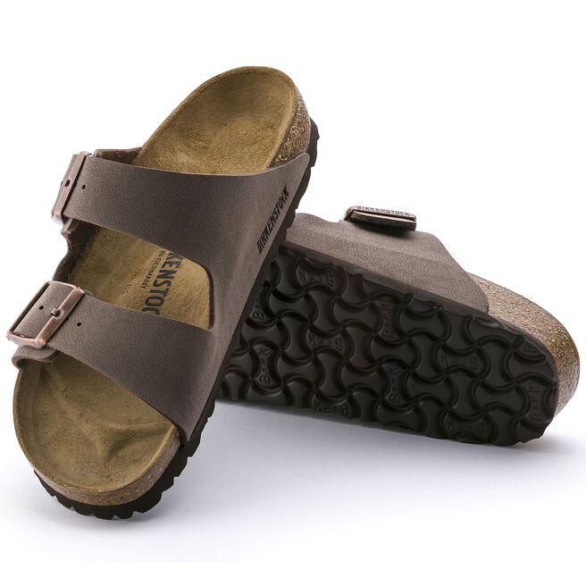 Birkenstock Arizona sandals in mocha brown with two adjustable straps and cork footbed