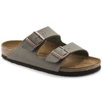 Birkenstock Arizona two-strap sandals in stone gray with copper buckles