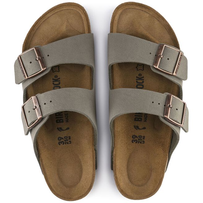 Birkenstock Arizona sandals in stone gray with two adjustable buckle straps
