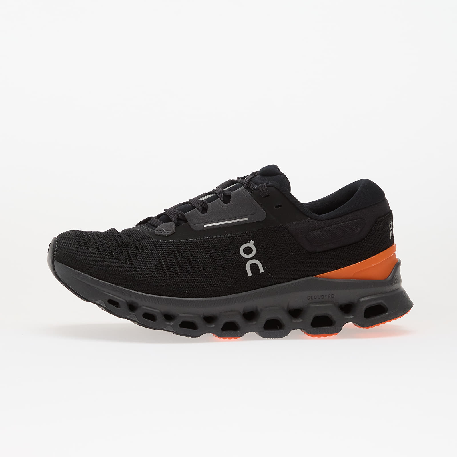 On Cloudstratus 3 running shoe in black with orange accent and CloudTec sole