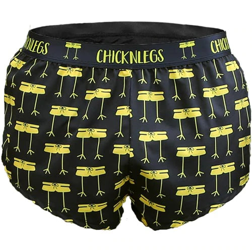Black ChicknLegs men's split shorts with yellow chicken leg pattern print