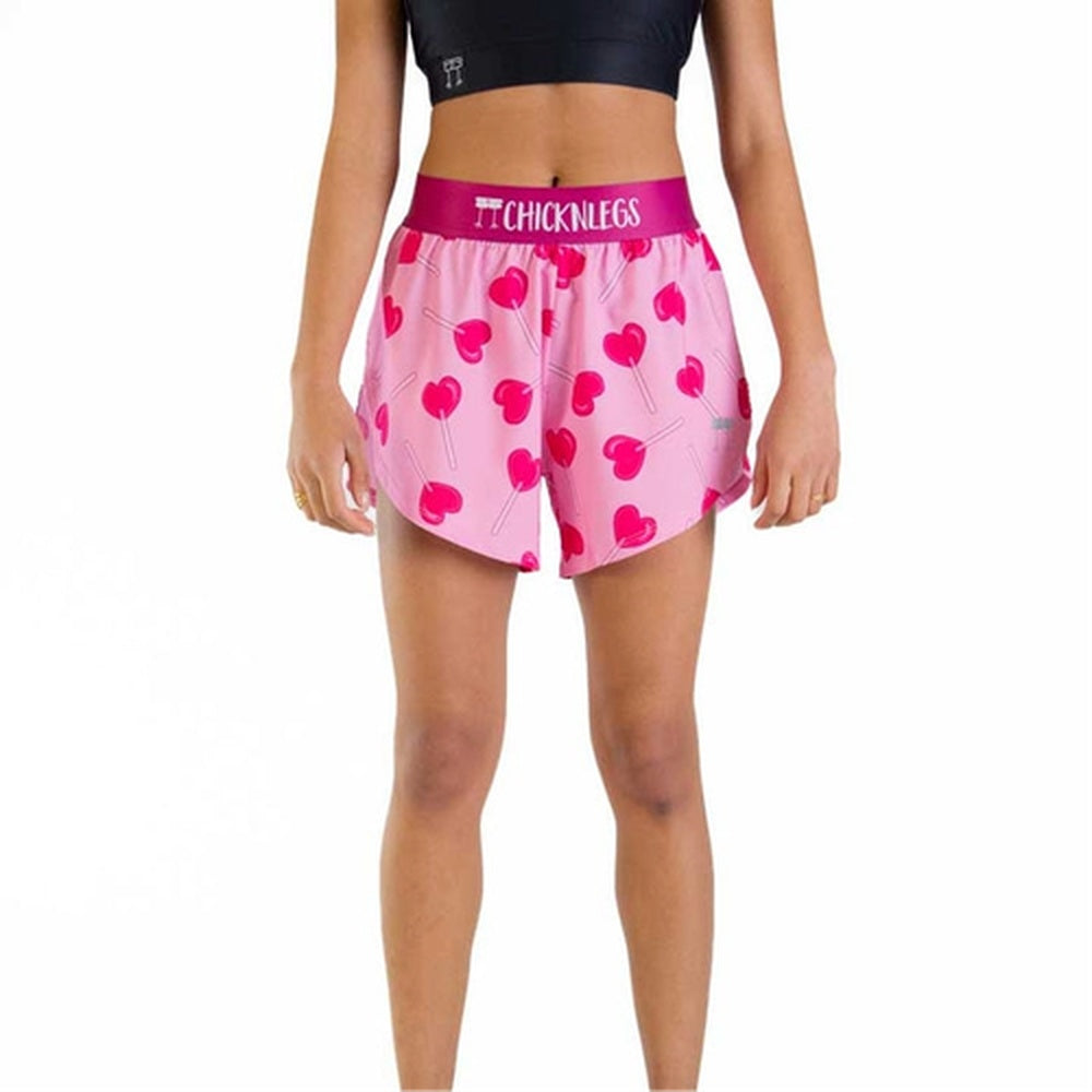 ChicknLegs women's pink split shorts with heart pattern and branded waistband