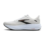 Brooks Ghost 18 running shoe in white with black logo and rose gold accents