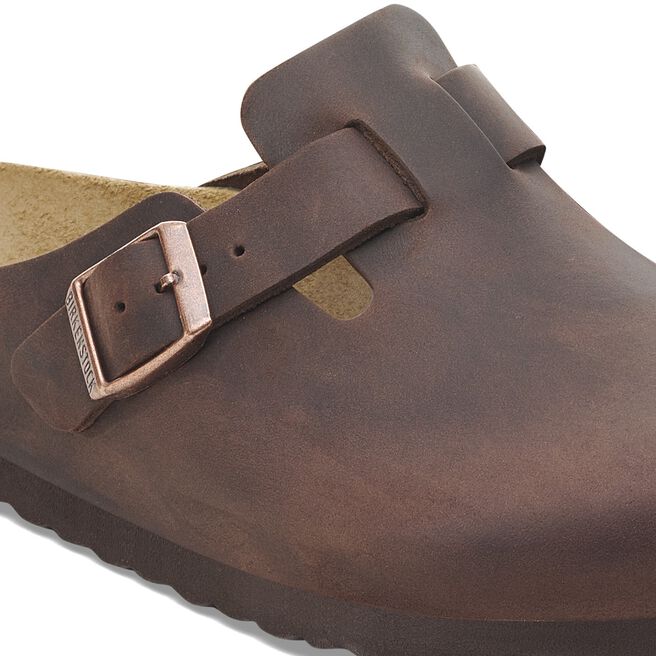 Birkenstock Boston clog in Habana brown oiled leather with copper buckle