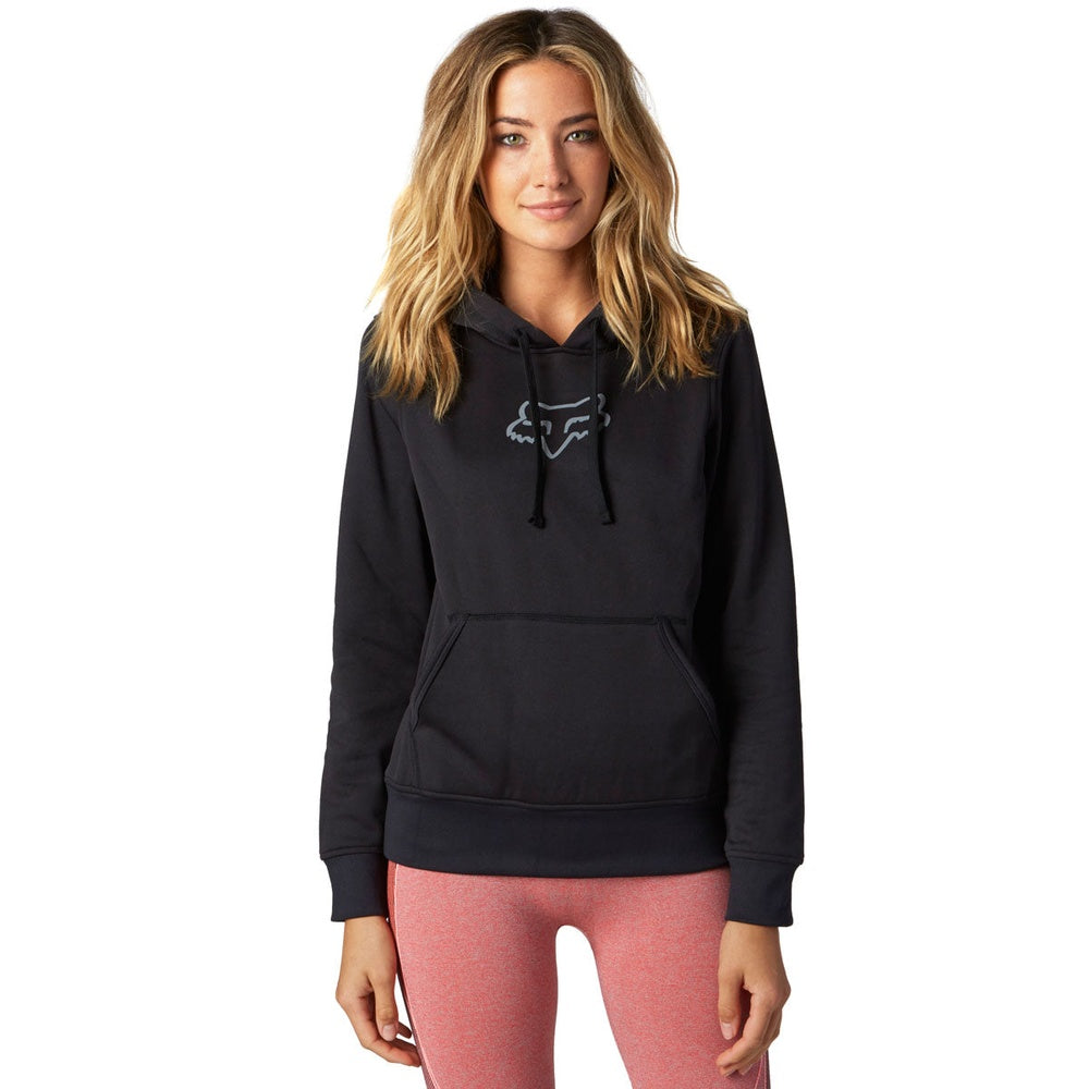 Fox Racing women's black pullover hoodie with Fox head logo on chest, front view