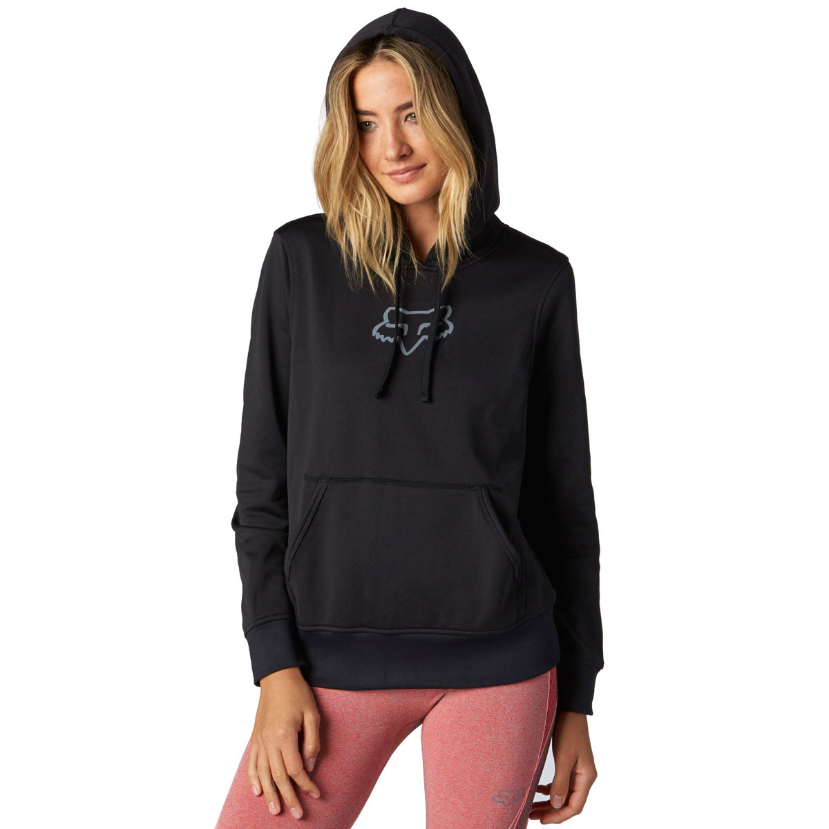 Fox Racing women's black pullover hoodie with hood up and Fox head logo, front view