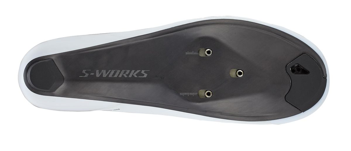 Specialized S-Works cycling shoe sole with cleats and white upper