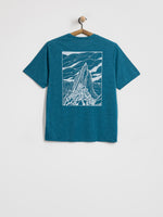 Patagonia Capilene Cool Daily Shirt back view showing mountain graphic print in glacial blue