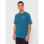Man wearing Patagonia Capilene Cool Daily Shirt in glacial blue with mountain logo on chest