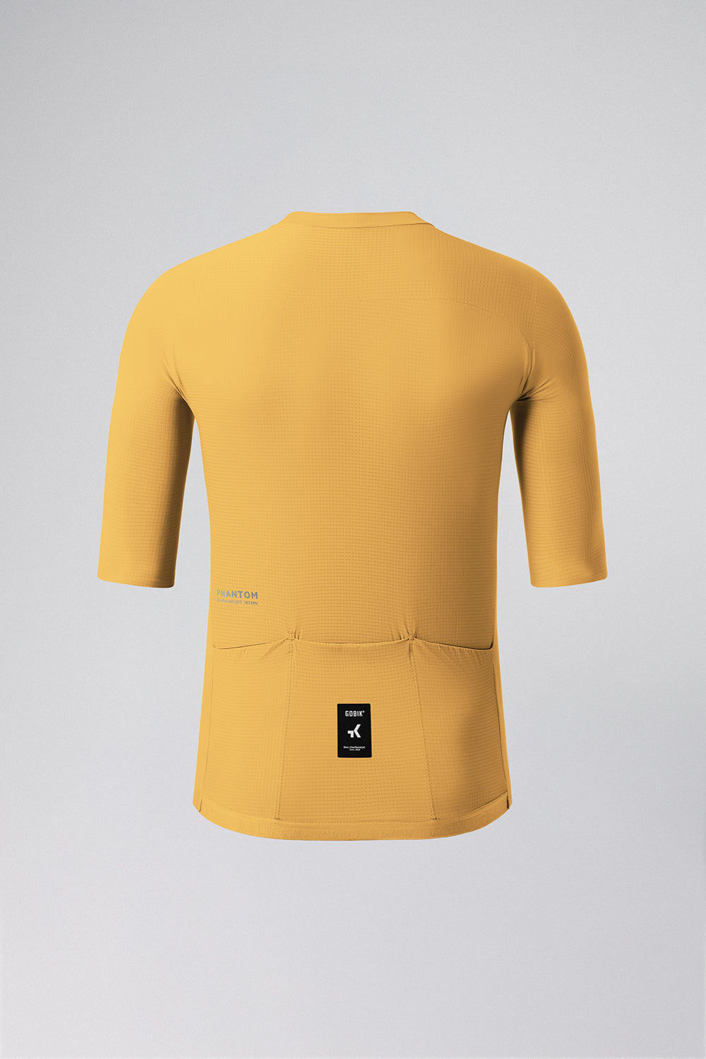 Back view of Gobik Phantom Jersey in golden yellow with rear pockets and logo