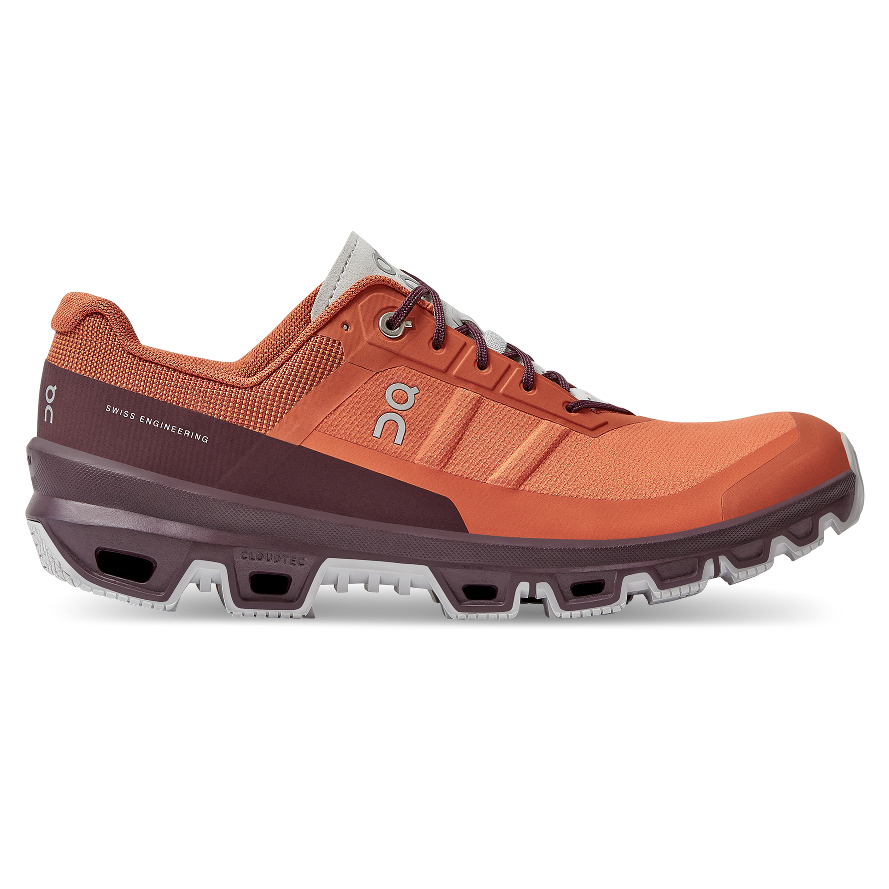 On Cloudventure men's trail running shoe in flare orange and mulberry colorway