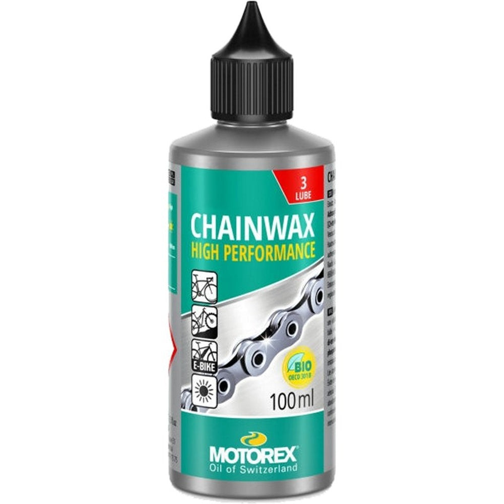 Motorex Chainwax High Performance bicycle chain lubricant in 100ml bottle with black dropper cap