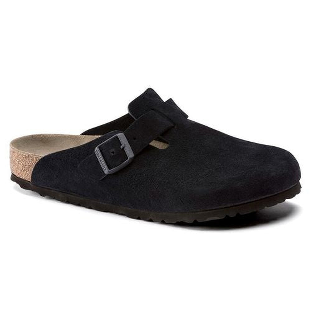 Birkenstock Boston Soft Footbed clog in black suede with adjustable strap