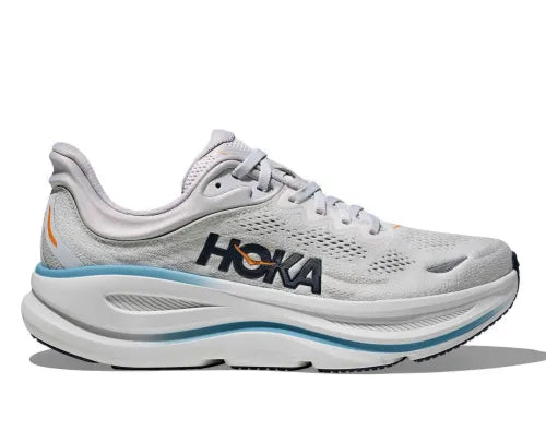 HOKA Bondi 9 women's running shoe in cosmic grey colorway with blue trim