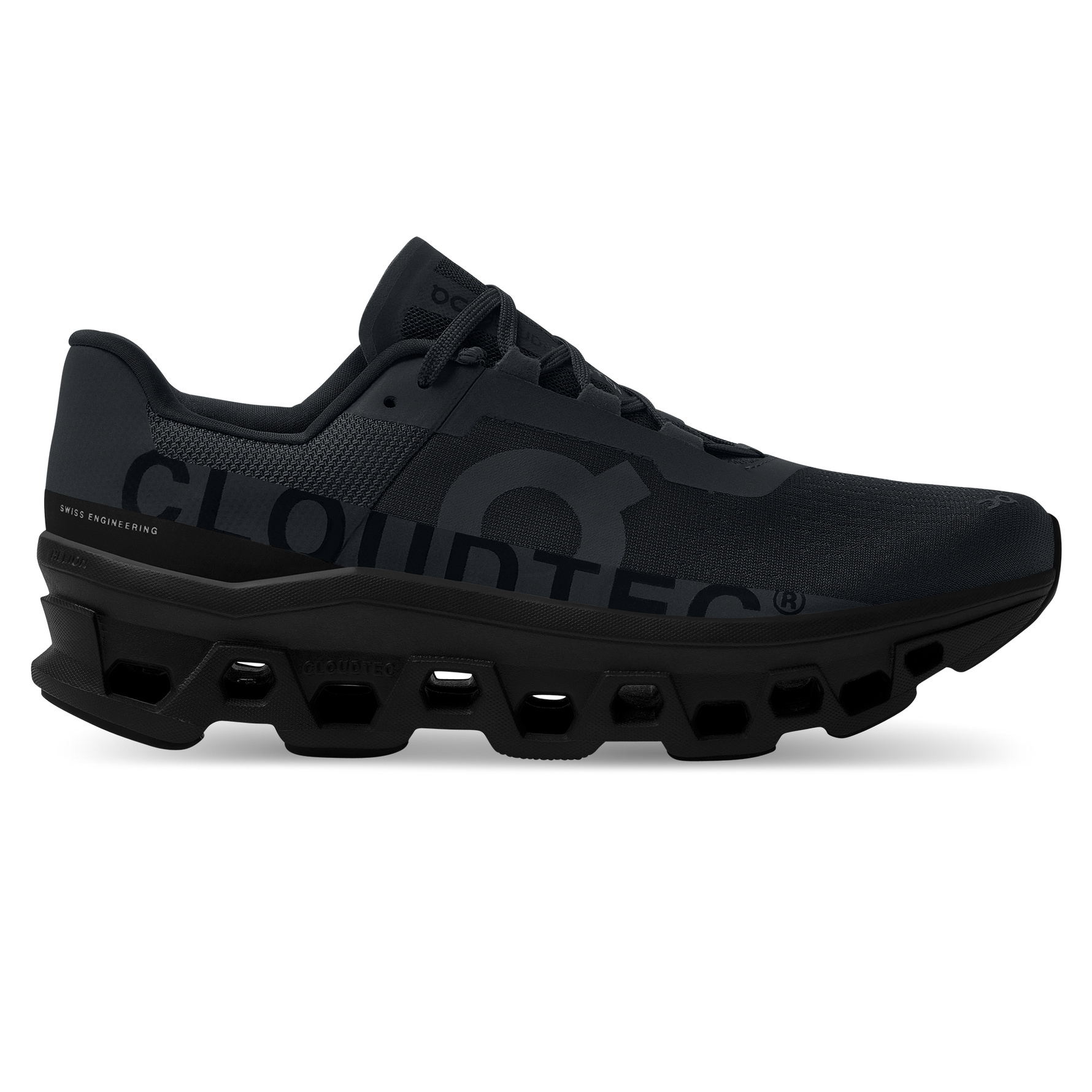 On Cloudmonster 2 running shoes in all black with distinctive cloud sole technology