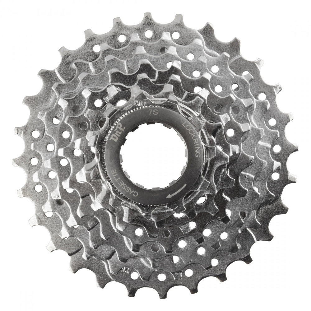 Sunlite 7-speed bicycle cassette sprocket set in silver chrome finish, 11-28 tooth range