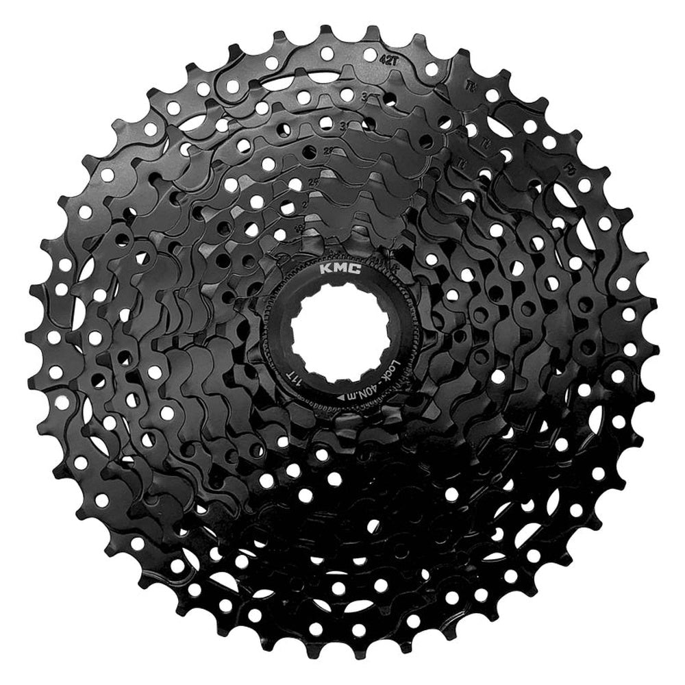 KMC black 10-speed bicycle cassette with multiple gears arranged in graduated sizes