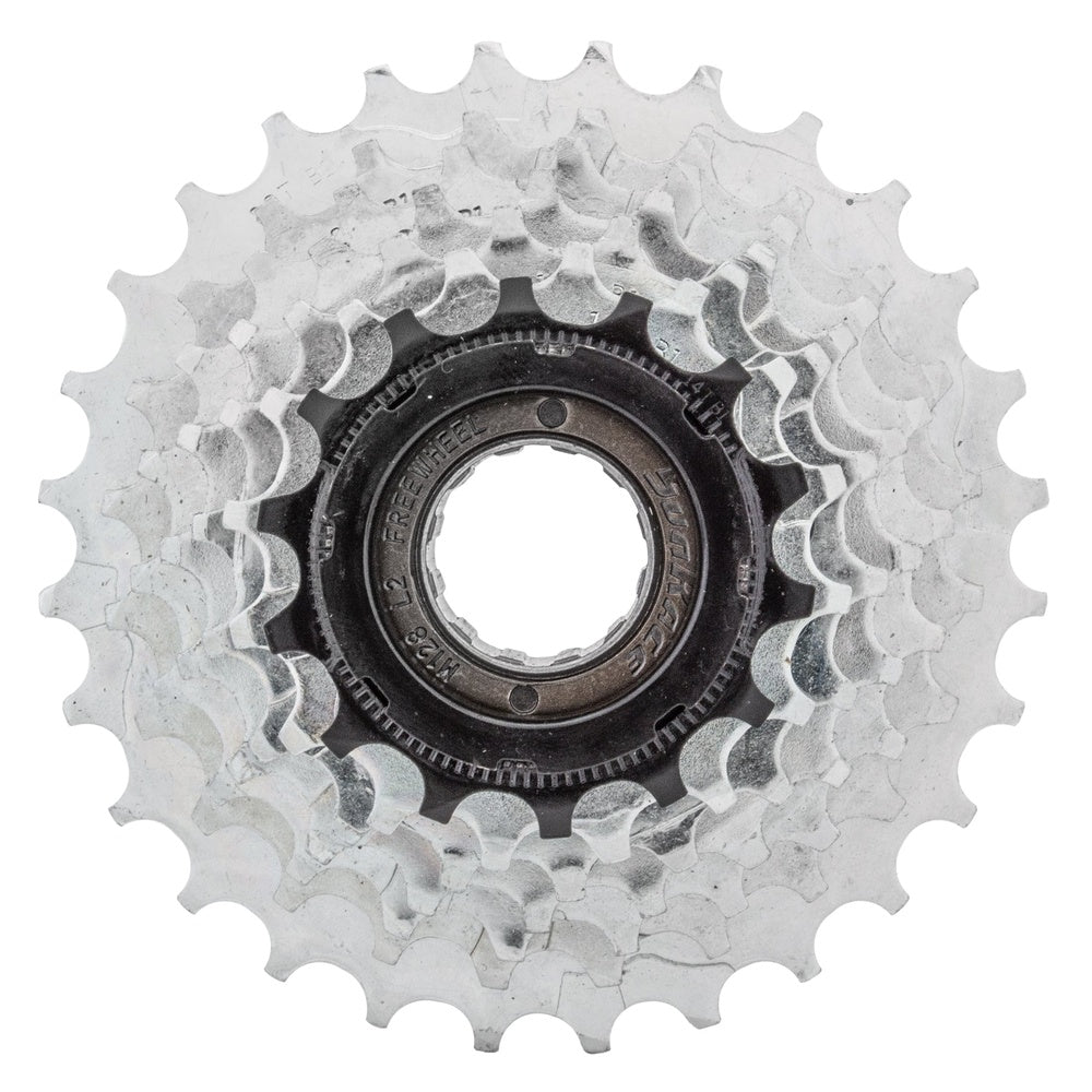 SunRace MFM2A 7-speed freewheel cassette with silver chrome sprockets and black hub
