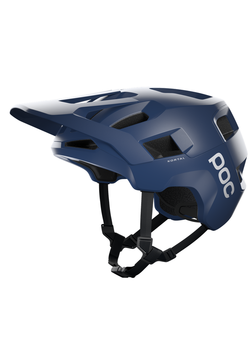 POC Kortal mountain bike helmet in matte blue with ventilation holes and visor
