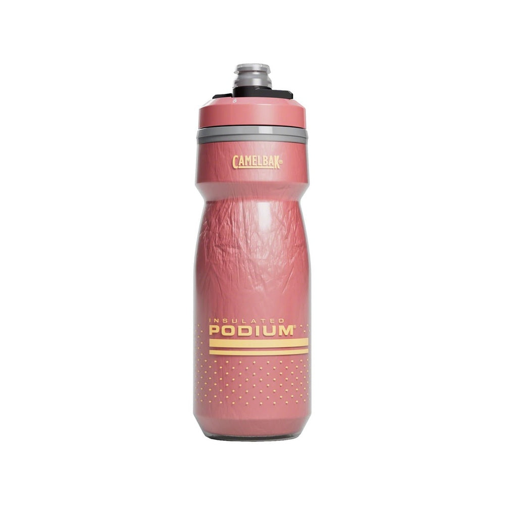CamelBak Podium insulated water bottle in coral sunset pink with yellow text