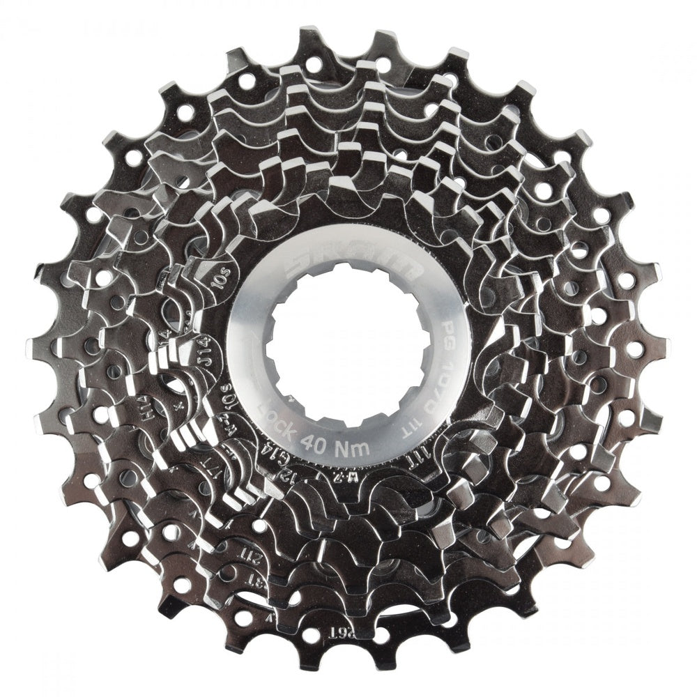SRAM PG1070 10-speed bicycle cassette with 11-26 tooth range on white background