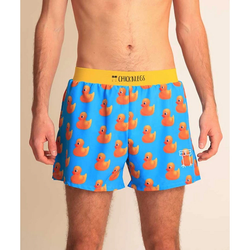 ChicknLegs men's blue boxer shorts with orange rubber duck pattern and yellow waistband