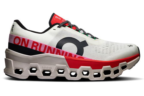 On Cloudmonster 2 running shoe in ivory white with red accents and distinctive cloud sole