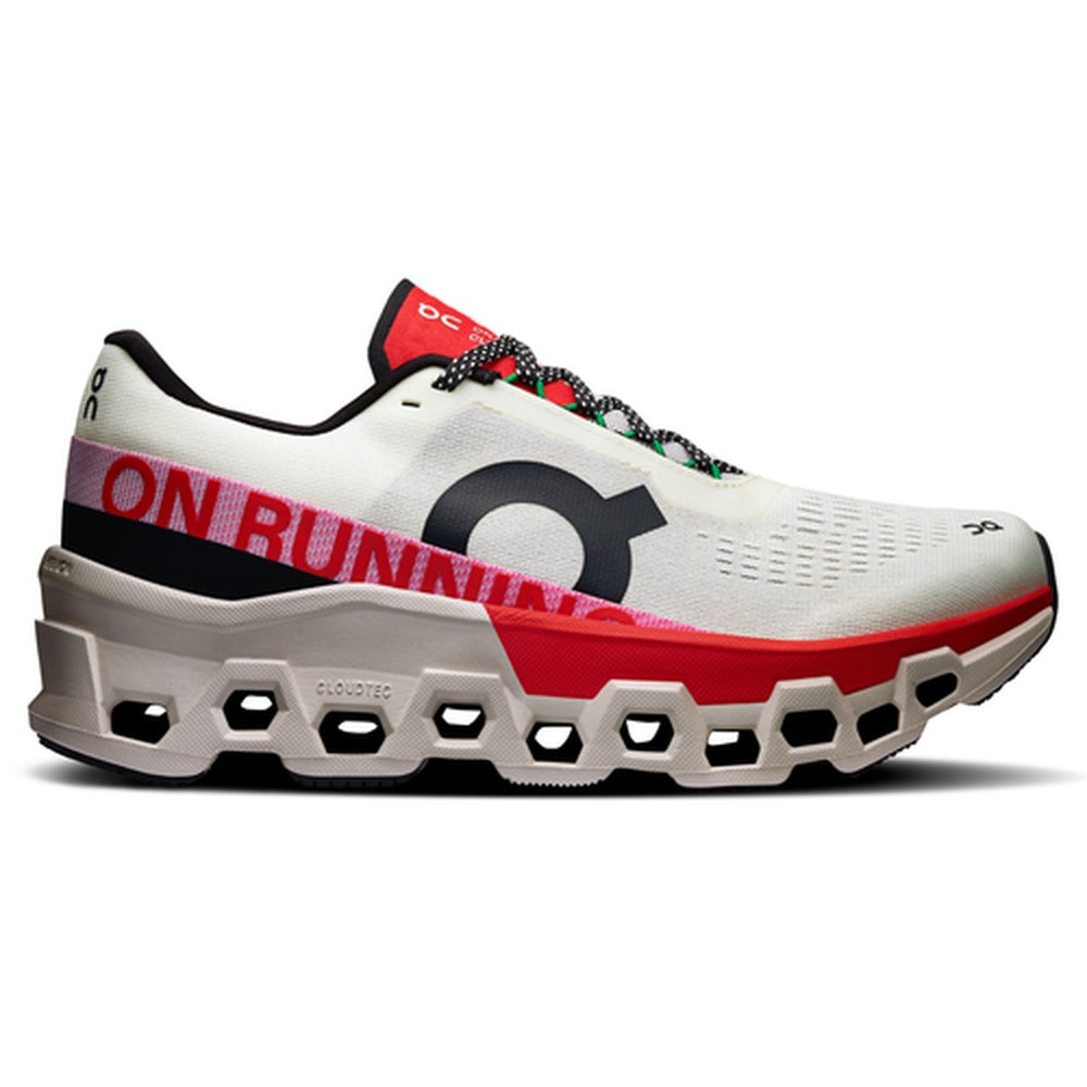 On Cloudmonster 2 running shoe in ivory white with red details and distinctive sole