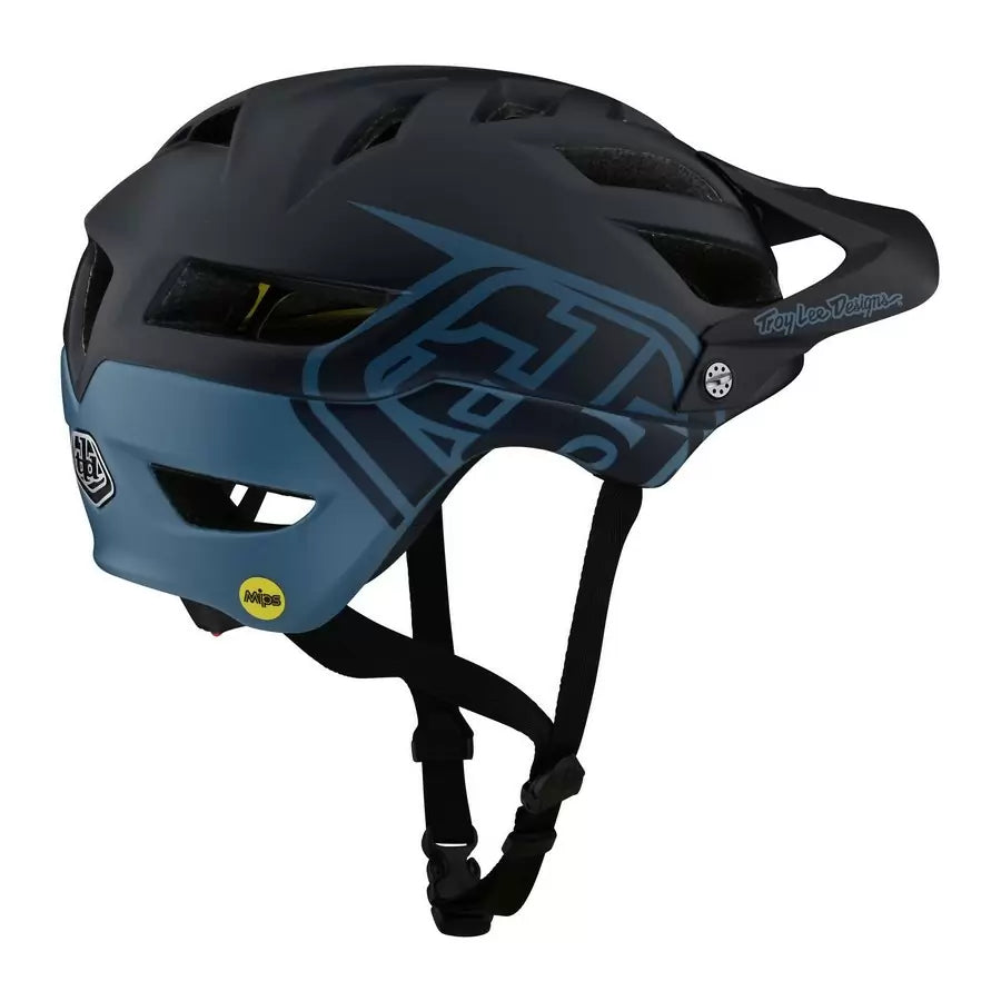 Troy Lee Designs A1 MIPS Classic Navy helmet rear three-quarter view with MIPS badge