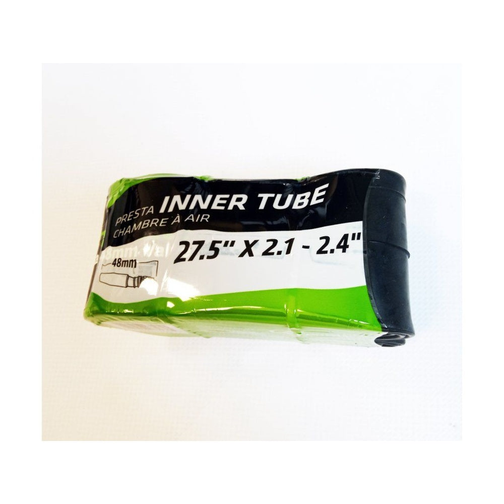 Bicycle inner tube in black and green packaging for 27.5 inch tires