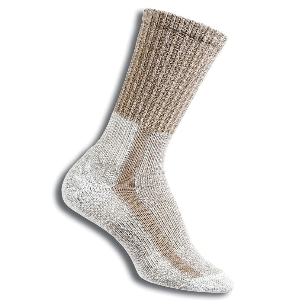 Thorlos outdoor sock in light khaki with brown striped pattern on white background