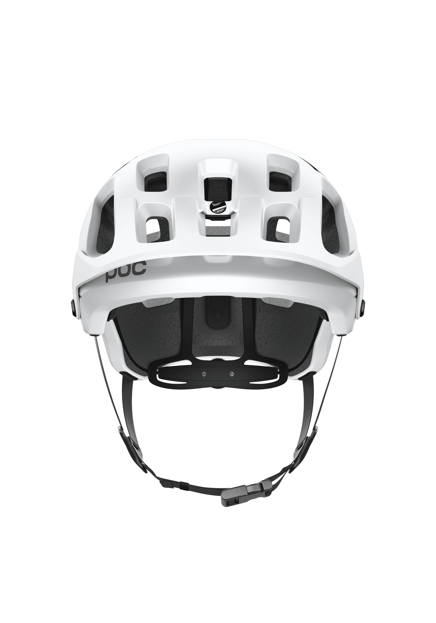 POC Tectal MTB helmet in Hydrogen White shown from front angle with chin strap visible