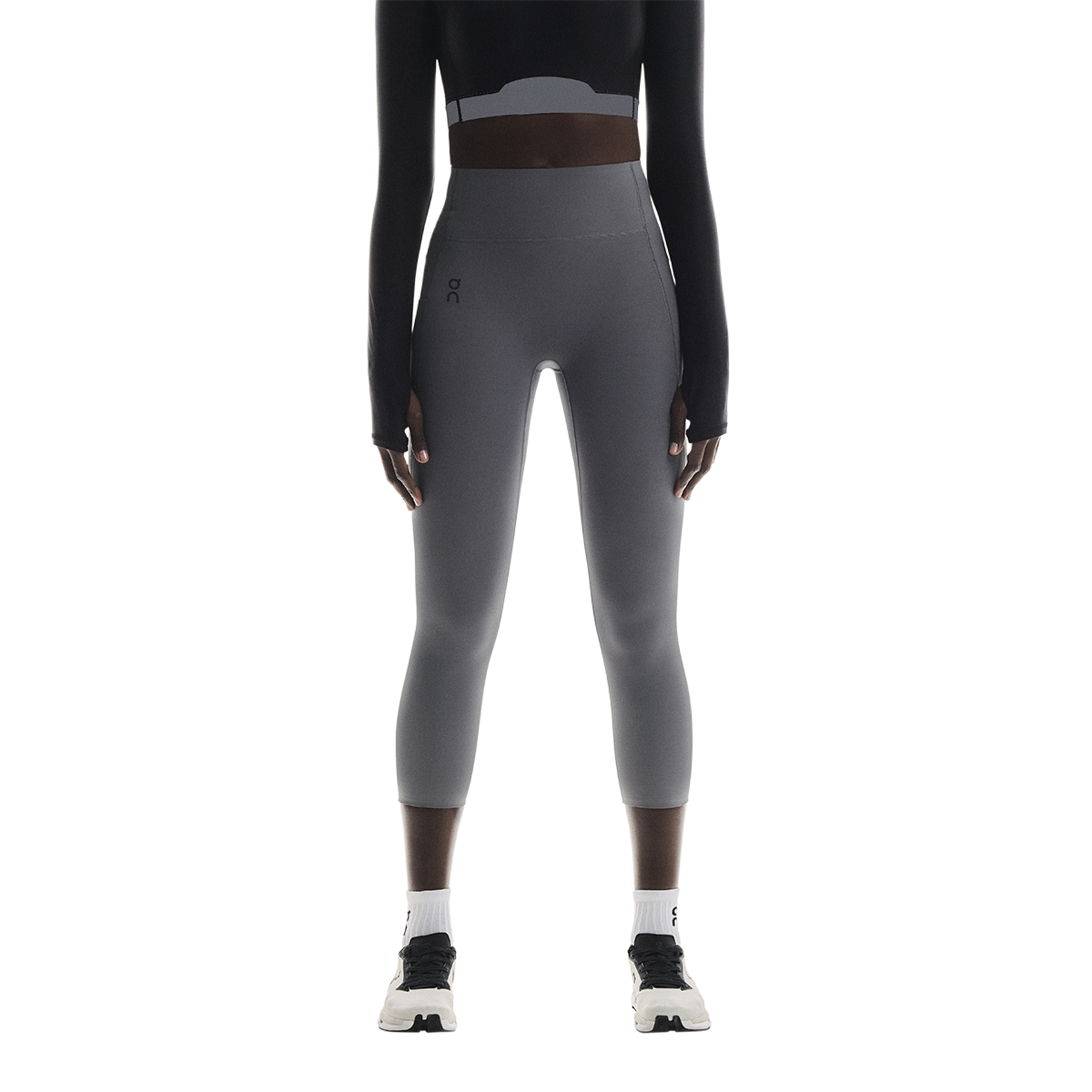 On Studio Tights 7/8 Women's in Rock gray with brown waistband detail