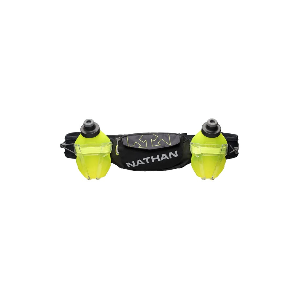 Nathan Trail Mix Plus 2 hydration belt with black waistband and yellow water bottles