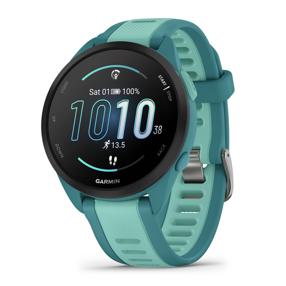Garmin Forerunner 165 Music smartwatch in turquoise with aqua band displaying time