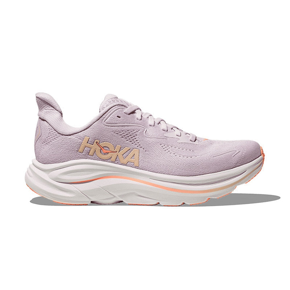 HOKA Clifton 10 women's running shoe in lilac cream with tangerine orange details