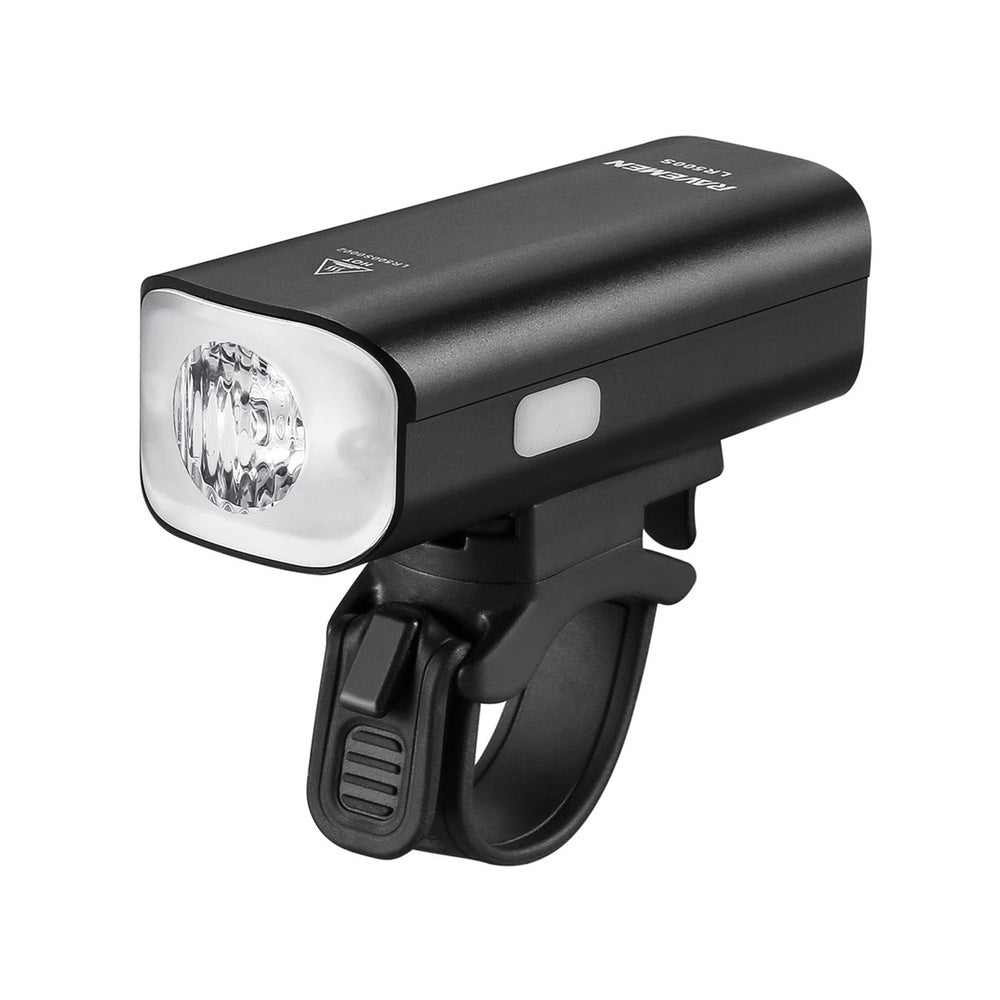 Ravemen LR500 black bicycle headlight with mounting bracket on white background
